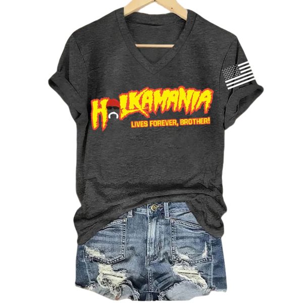 Hulk Hogan Hulkamania Lives Forever Brother Print V-Neck T-Shirt