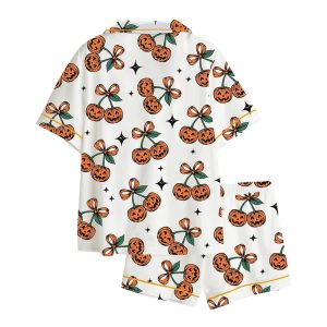 Pumpkin Cherries Coquette Bow Halloween Satin Pajama Set