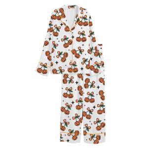 Pumpkin Cherries Coquette Bow Halloween Satin Pajama Set