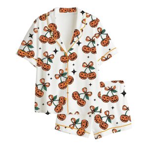 Pumpkin Cherries Coquette Bow Halloween Satin Pajama Set