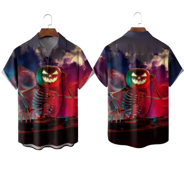 Pumpkin Skull Music Festival Halloween Chest Pocket Casual Shirt