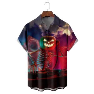 Pumpkin Skull Music Festival Halloween Chest Pocket Casual Shirt