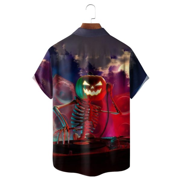 Pumpkin Skull Music Festival Halloween Chest Pocket Casual Shirt
