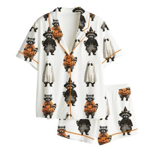Retro Cute Raccoon Ghost Halloween Pajama Set