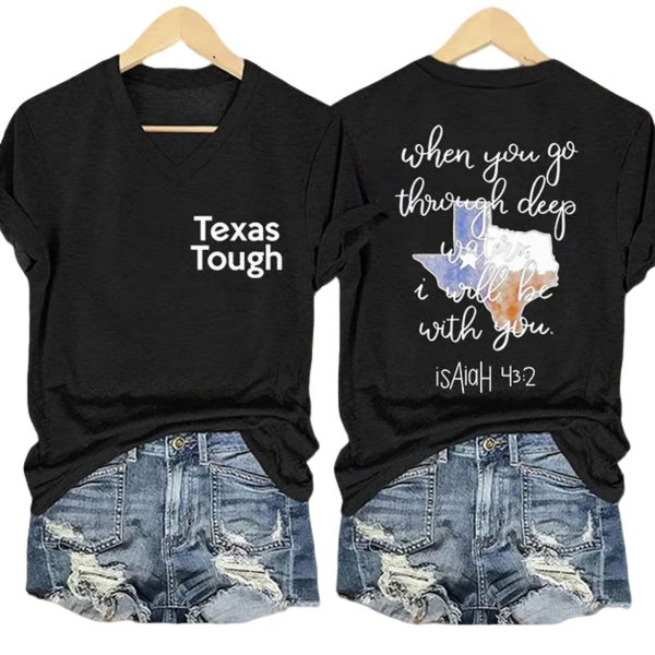 Retro Texas Tough When You Go Through Deep Waters I Will Be With You Isaiah 43:2 Print T-Shirt