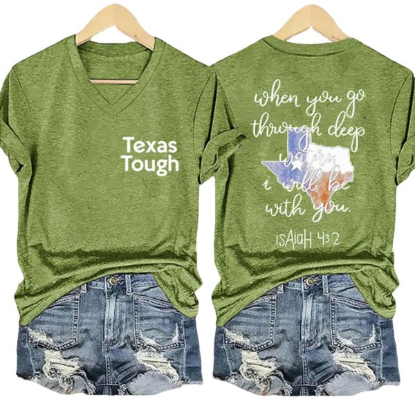 Retro Texas Tough When You Go Through Deep Waters I Will Be With You Isaiah 43:2 Print T-Shirt