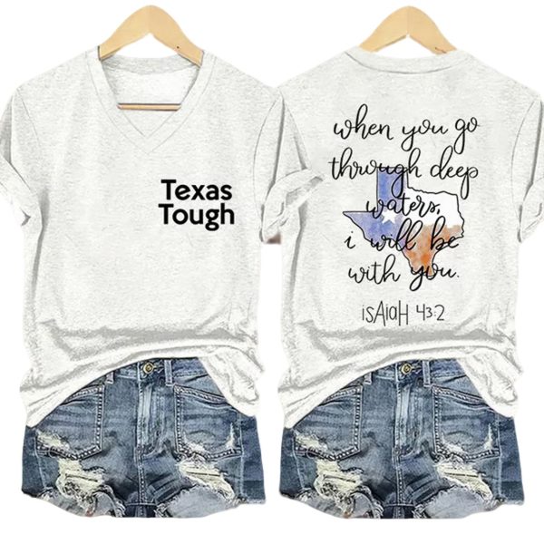 Retro Texas Tough When You Go Through Deep Waters I Will Be With You Isaiah 43:2 Print T-Shirt