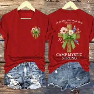 V Neck Retro Green Bow Cross Be Ye Kind One to Another Ephesians 432 Camp Mystic Strong Print T Shirt 2