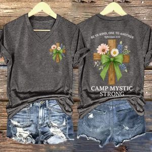 V Neck Retro Green Bow Cross Be Ye Kind One to Another Ephesians 432 Camp Mystic Strong Print T Shirt 3