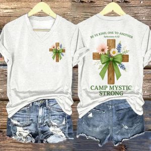 V Neck Retro Green Bow Cross Be Ye Kind One to Another Ephesians 432 Camp Mystic Strong Print T Shirt