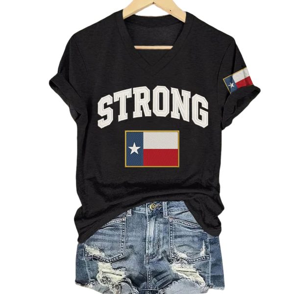 V-Neck Retro Pray For Texas Texas Strong Print T-Shirt