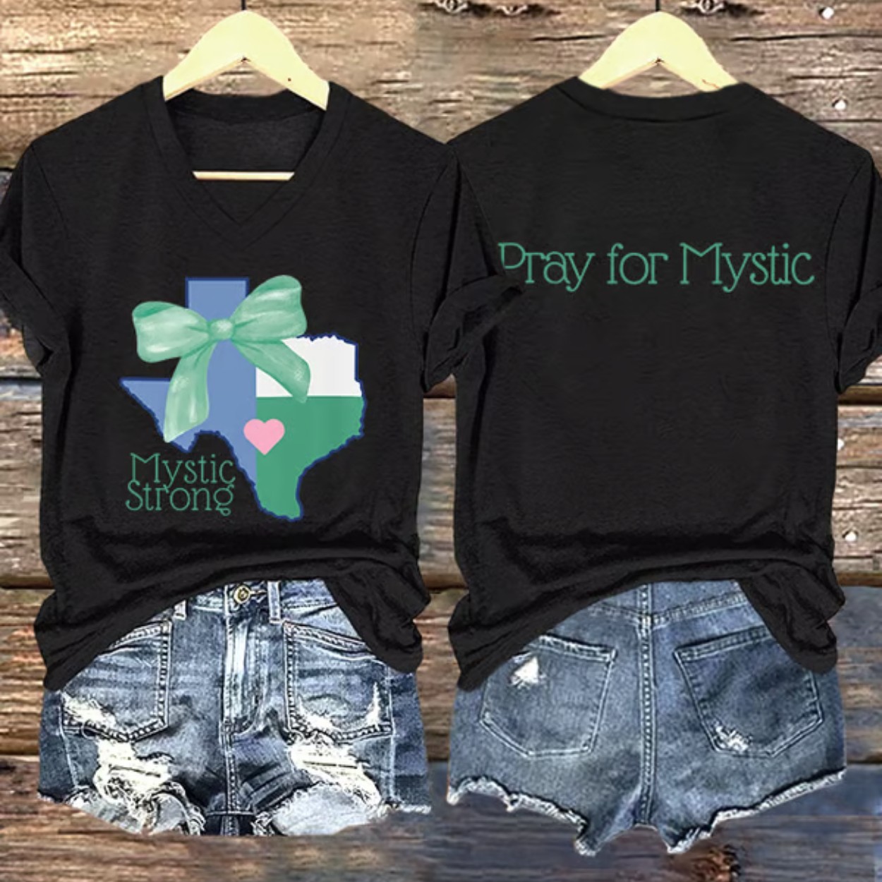 V Neck Retro Texas Strong Green Bow Mystic Strong Pray For Mystic Print T-Shirt V Neck Retro Texas Strong Green Bow Mystic Strong Pray For Mystic Print T-Shirt
