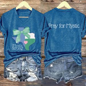 V Neck Retro Texas Strong Green Bow Mystic Strong Pray For Mystic Print T Shirt