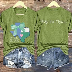V Neck Retro Texas Strong Green Bow Mystic Strong Pray For Mystic Print T-Shirt 1 V Neck Retro Texas Strong Green Bow Mystic Strong Pray For Mystic Print T Shirt