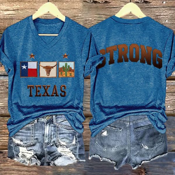 V-Neck Retro Texas Strong Print T-Shirt
