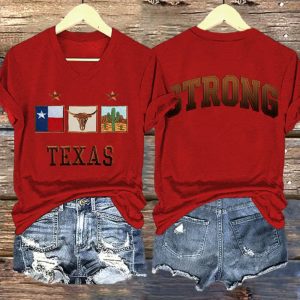V Neck Retro Texas Strong Print T Shirt