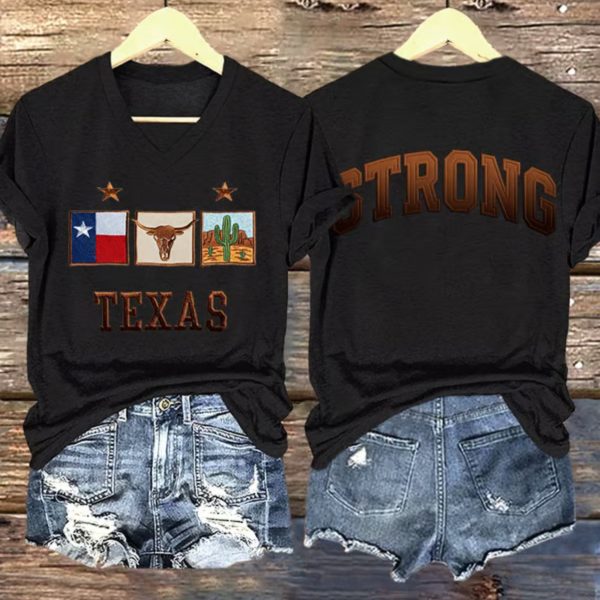V-Neck Retro Texas Strong Print T-Shirt