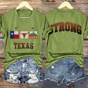 V Neck Retro Texas Strong Print T Shirt
