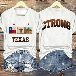 V Neck Retro Texas Strong Print T Shirt
