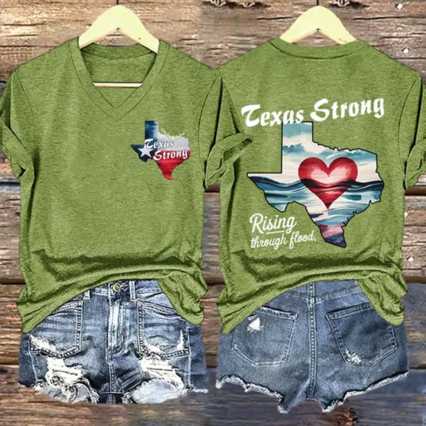 V-Neck Retro Texas Strong Rising Through The Flood Love Heart Print T-Shirt