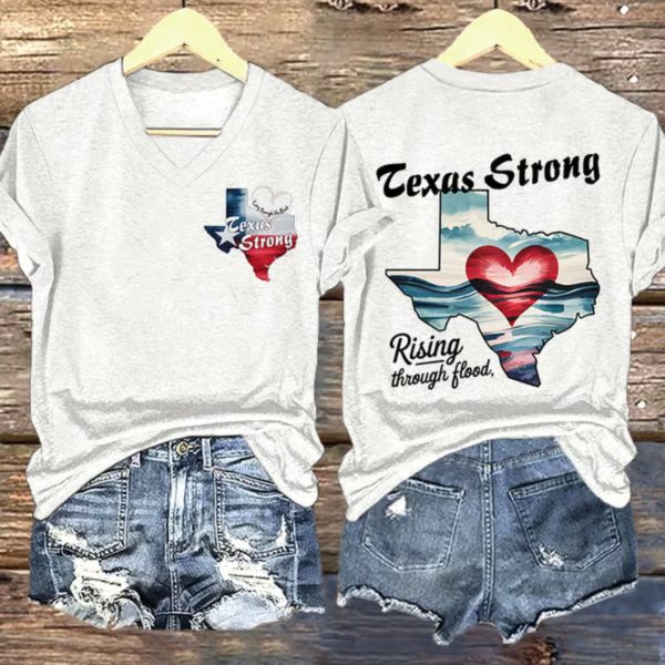 V-Neck Retro Texas Strong Rising Through The Flood Love Heart Print T-Shirt