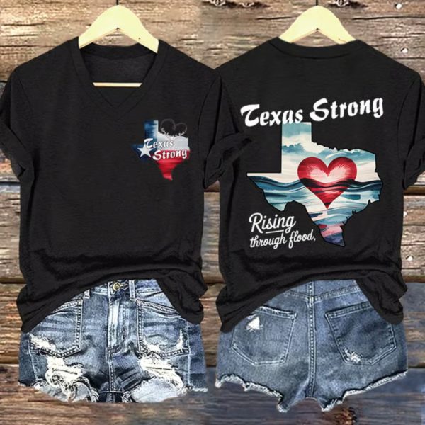 V-Neck Retro Texas Strong Rising Through The Flood Love Heart Print T-Shirt