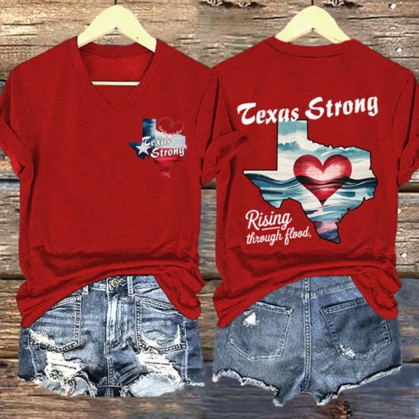 V-Neck Retro Texas Strong Rising Through The Flood Love Heart Print T-Shirt
