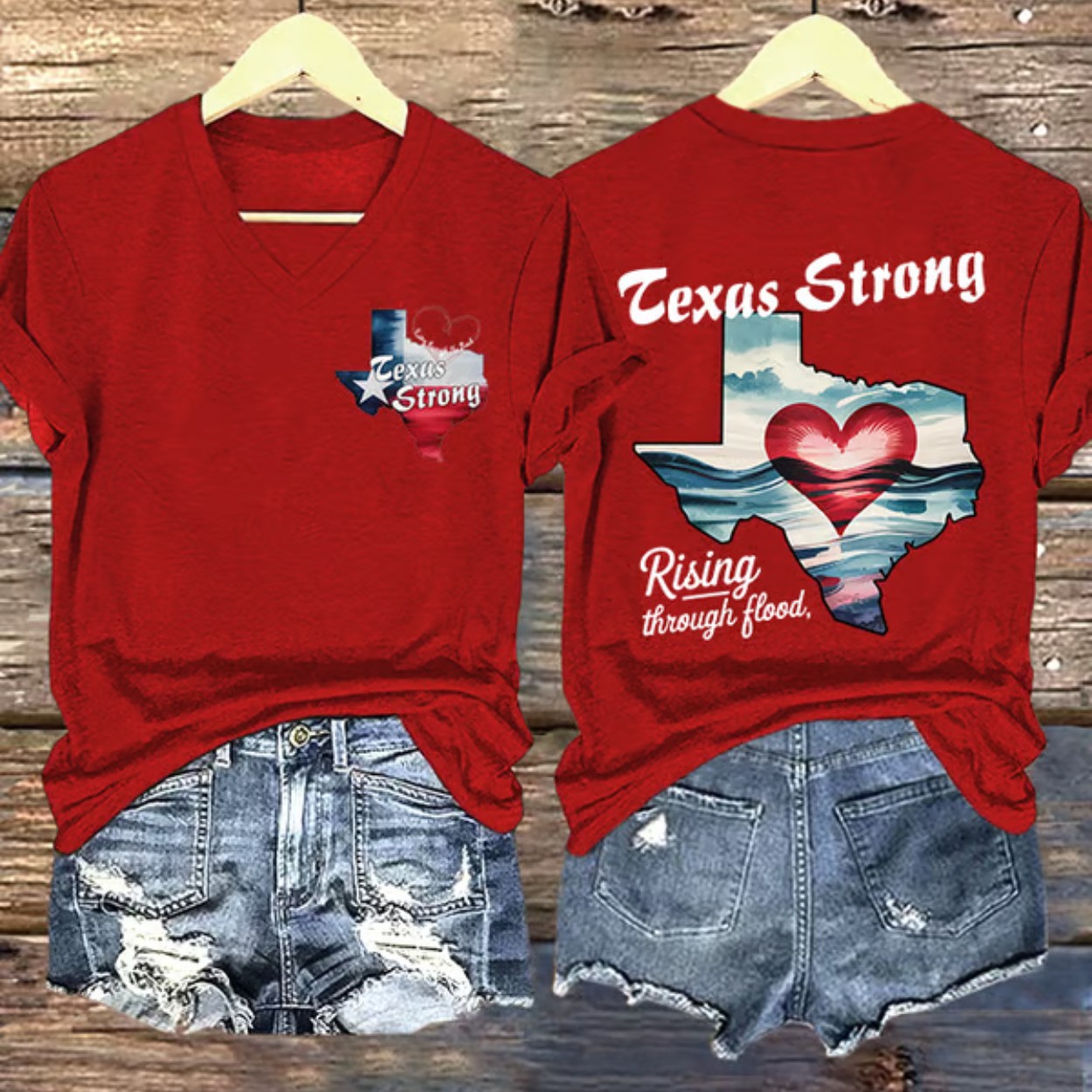 V Neck Retro Texas Strong Rising Through The Flood Love Heart Print T Shirt V Neck Retro Texas Strong Rising Through The Flood Love Heart Print T Shirt