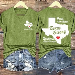 V Neck Retro Texas Strong Together We Rise Roots Run Deep Texas Strong Resilience Shines Through Print T Shirt 1