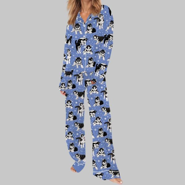 Husky And Snowflakes Silky Satin Pajama Set