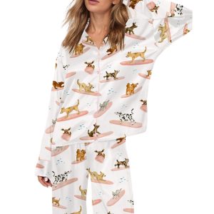Surfing Dogs Watercolor Silky Satin Pajama Set