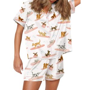 Surfing Dogs Watercolor Silky Satin Pajama Set
