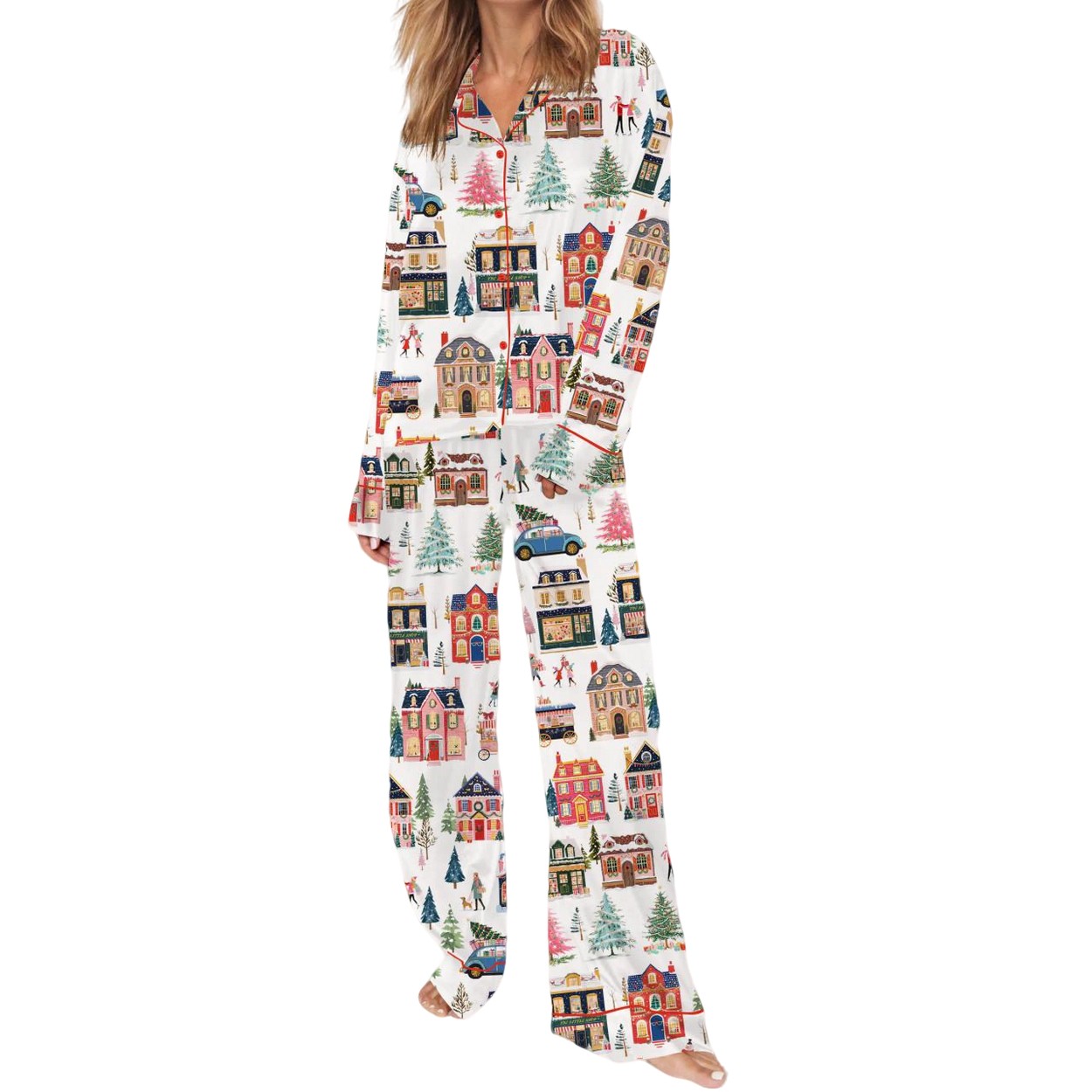 Watercolor Christmas Town Silky Satin Pajama Set Watercolor Christmas Town Silky Satin Pajama Set