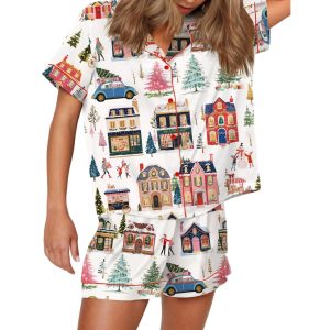 Watercolor Christmas Town Silky Satin Pajama Set 3 Watercolor Christmas Town Silky Satin Pajama Set