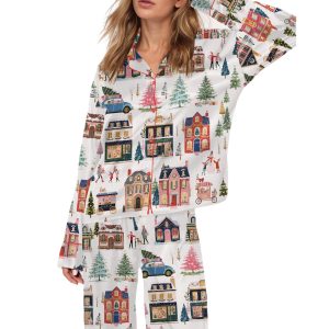 Watercolor Christmas Town Silky Satin Pajama Set 1 Watercolor Christmas Town Silky Satin Pajama Set