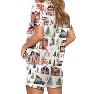 Watercolor Christmas Town Silky Satin Pajama Set 2 Watercolor Christmas Town Silky Satin Pajama Set