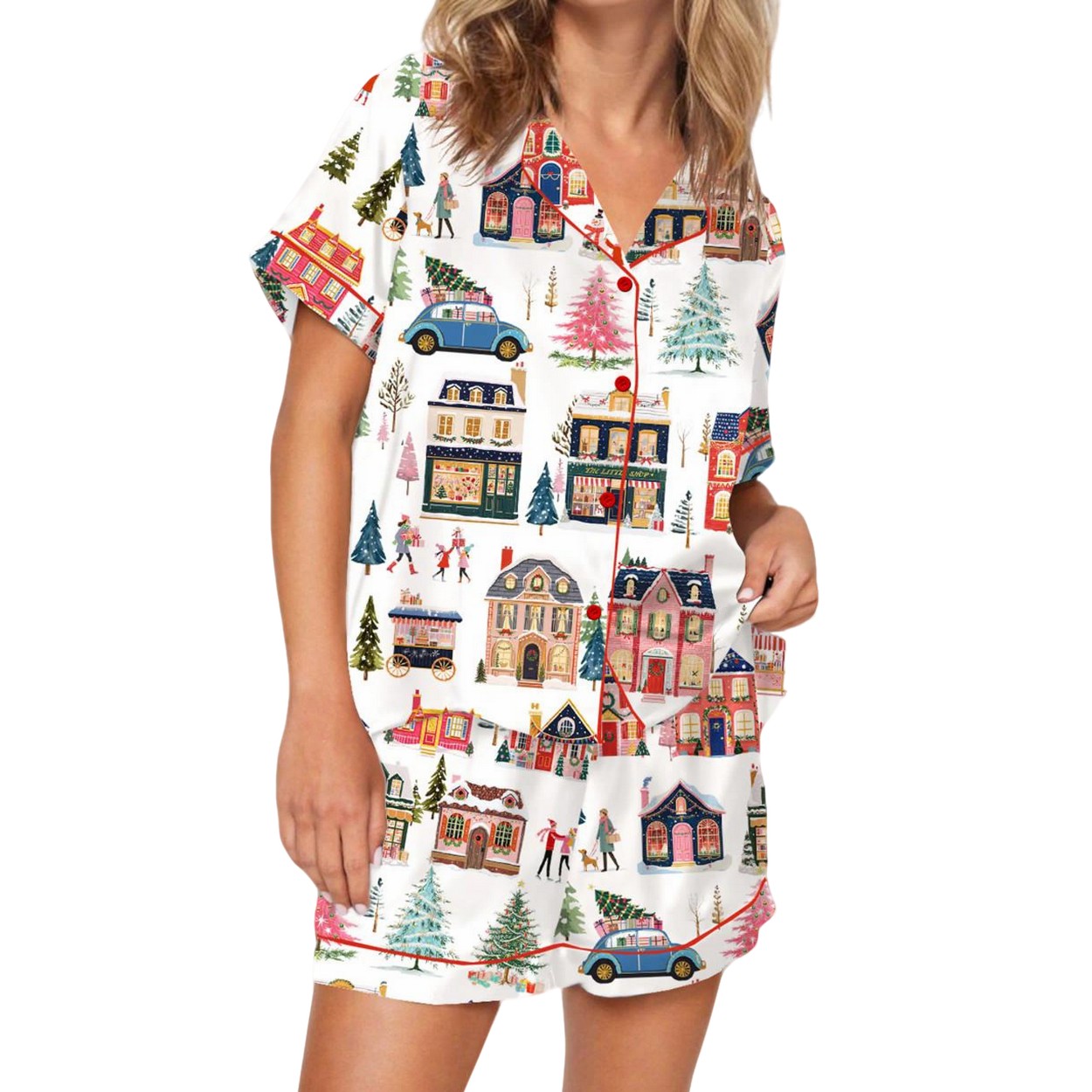 Watercolor Christmas Town Silky Satin Pajama Set Watercolor Christmas Town Silky Satin Pajama Set