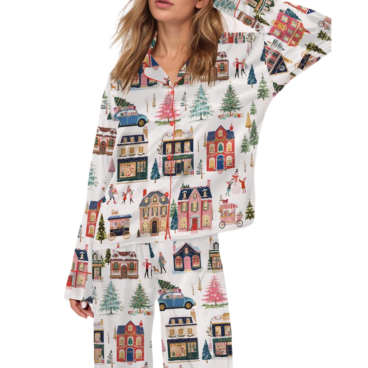 Watercolor Christmas Town Silky Satin Pajama Set Watercolor Christmas Town Silky Satin Pajama Set