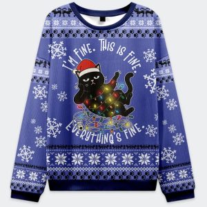 Black Cat I'm Fine This Is Fine Everything's Fine Ugly Christmas Sweater