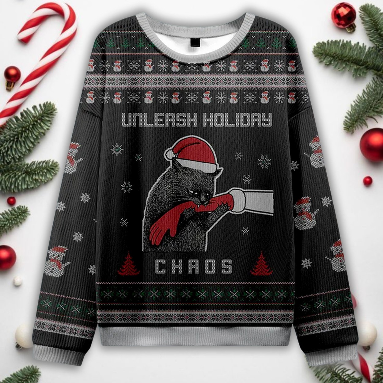 Funny Cat Unleash Holiday Chaos Christmas Ugly Sweater