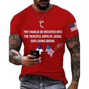 Men's May Charlie be accepted into the compassionate arms of our loving Savior Jesus Charlie Kirk signed commemorative T shirt 1