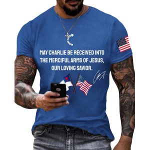Men's May Charlie be accepted into the compassionate arms of our loving Savior Jesus Charlie Kirk signed commemorative T shirt 3