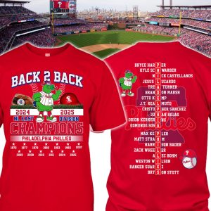 Phillies Back 2 Back 2024-2025 NL East Division Champions 2 Sided Shirt 1 Phillies Back 2 Back 2024 2025 NL East Division Champions 2 Sided Shirt
