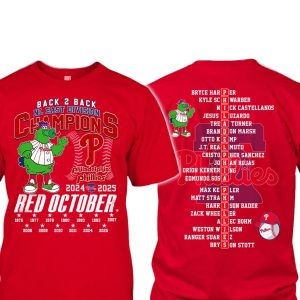 Phillies Red October 2025 B2B NL East Division Champions 2 Sided Shirt