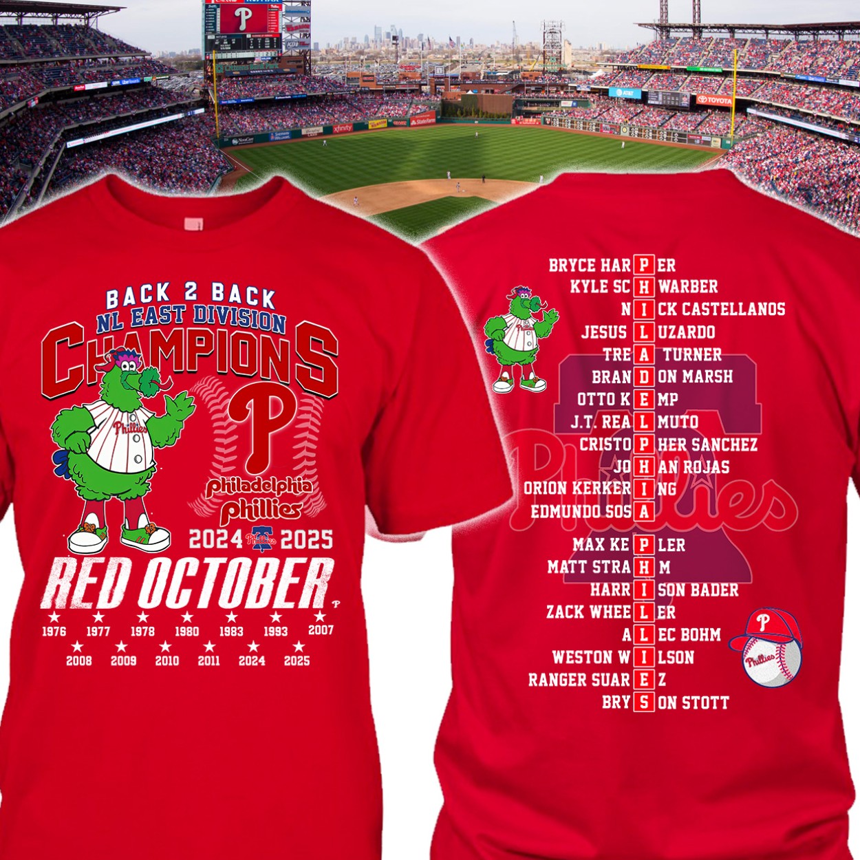 Phillies Red October 2025 B2B NL East Division Champions 2 Sided Shirt Phillies Red October 2025 B2B NL East Division Champions 2 Sided Shirt