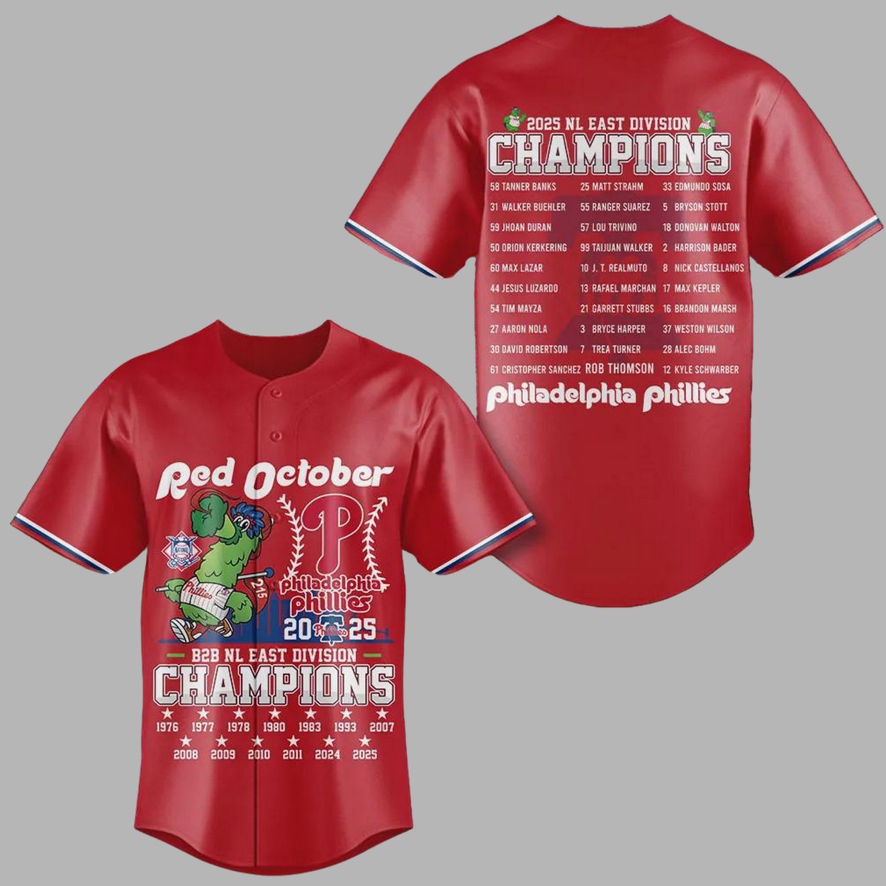 Phillies Red October B2B NL East Division Champions Baseball Jersey Phillies Red October B2B NL East Division Champions Baseball Jersey