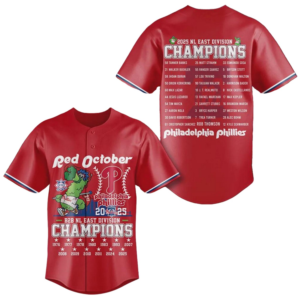 Phillies Red October B2B NL East Division Champions Baseball Jersey Phillies Red October B2B NL East Division Champions Baseball Jersey