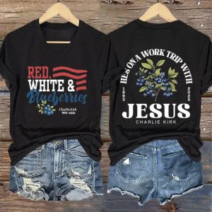 Retro Red White Blueberries He's On A Work Trip With Jesus Print V-neck T-Shirt 4 Retro Red White Blueberries He's On A Work Trip With Jesus Print V neck T Shirt
