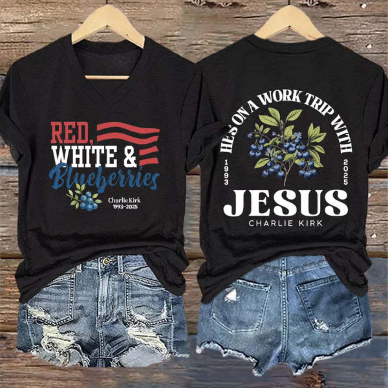 Retro Red White Blueberries He’s On A Work Trip With Jesus Print V-neck T-Shirt Retro Red White Blueberries He’s On A Work Trip With Jesus Print V-neck T-Shirt