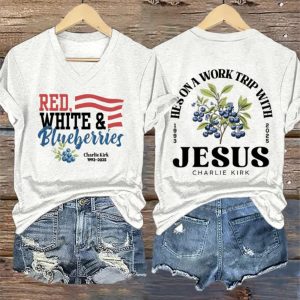 Retro Red White Blueberries He's On A Work Trip With Jesus Print V-neck T-Shirt 3 Retro Red White Blueberries He's On A Work Trip With Jesus Print V neck T Shirt